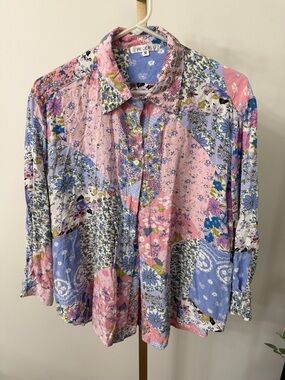 HECCPLI Floral Patchwork Button-Up Shirt in Pastel Pink & Blue